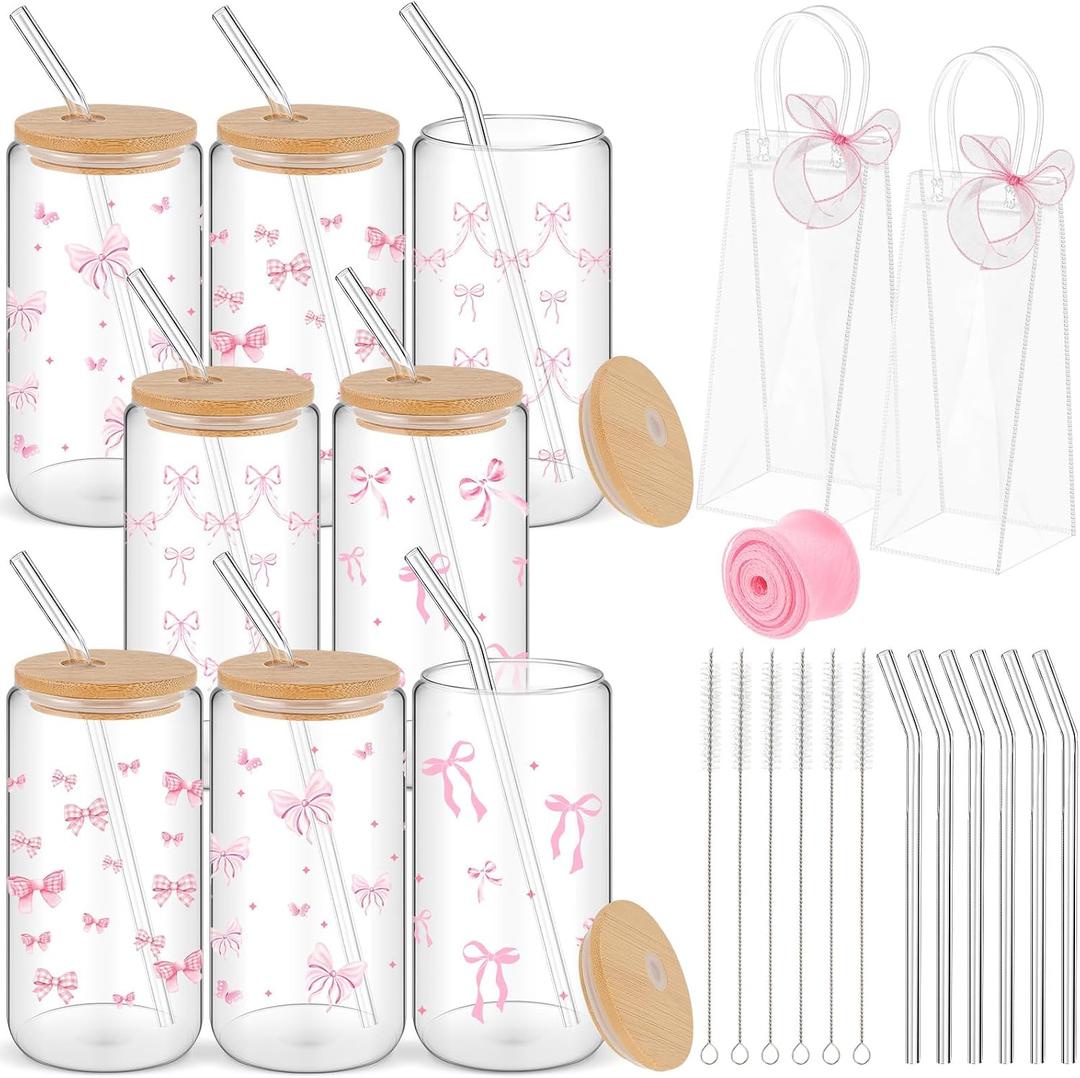 Mumufy 8 Sets Coquette Bow Glass Cups with Clear Gift Bag 16 oz Reusable Pink Iced Coffee Mugs Aesthetic Cute Tumbler with Lids and Straws, Gifts for Girls Women Bridesmaid