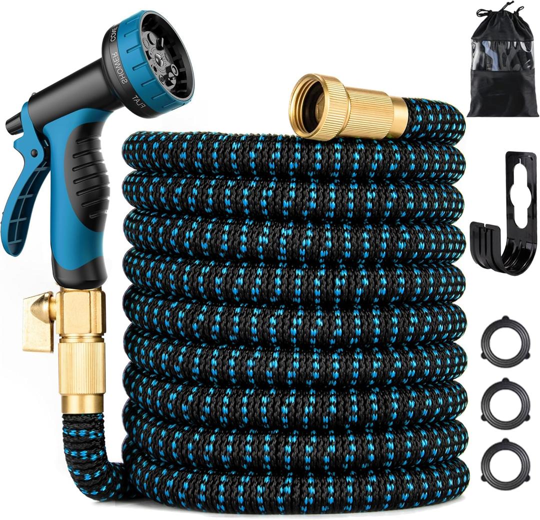 100 ft Expandable Garden Hose - Kink Free Flexible Water Hose 100ft with 10 Pattern Spray Nozzle, 3/4 Solid Brass Connectors, Retractable Latex Core - Lightweight Expanding Hose (Blue)