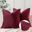 YCOLL Wine Red Pillow Covers 24x24 Set of 2 Velvet Striped Pattern - Soft Throw Pillows for Home Decor, Luxury Decorative Pillow Covers for Couch, Bed, Living Room