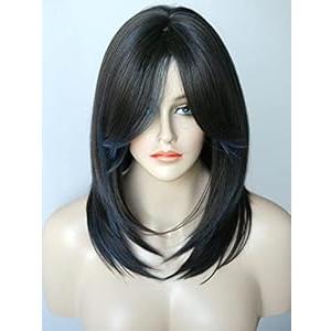 Medium Length Layered Wigs Black with Blue Highlight wigs Layered wig with bangs Synthetic wig for white Women (Black blue mixed)