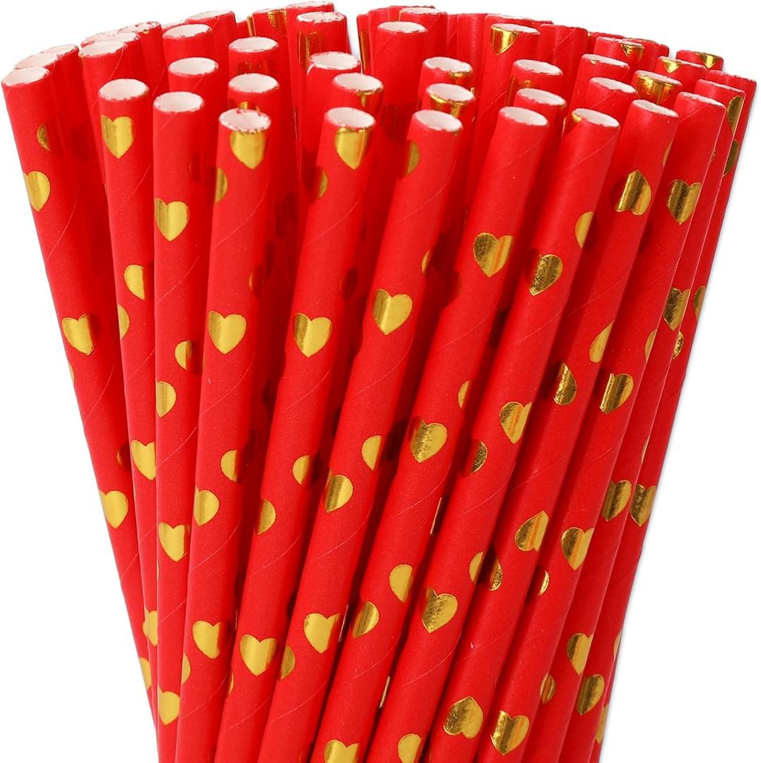 2 x Whaline 100Pcs Valentine Paper Straws Red Heart Straws Disposable Gold Foil Heart Drinking Straws for Valentine Wedding Birthday Party Supplies