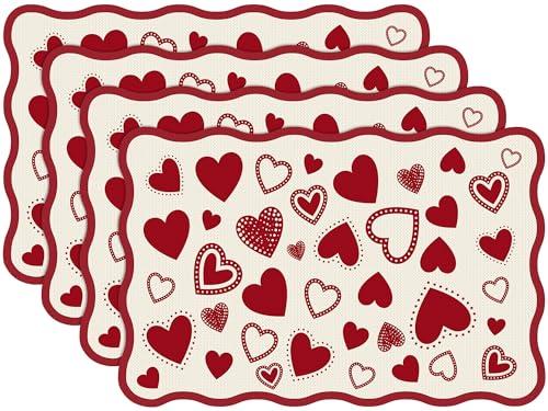FoldTier 4 Pcs Valentine's Day Red Hearts Placemats, 12 x 18 Inch Scalloped Placemats Anniversary Holiday Table Mats for Kitchen Dining Wedding Anniversary Valentine Decorations Party Decor
