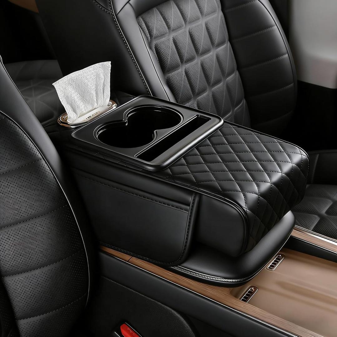 Car Armrest Cushion, Car Center Console Cover, Leather Armrest Cover for Car, Universal Middle Console Cushion with Storage Box, Cup Holder, Phone Slot, Waterproof Interior Accessories (Black)