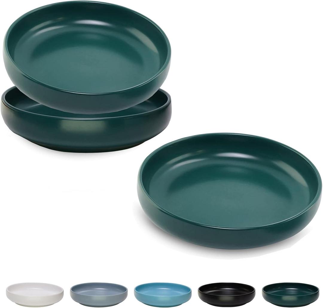 Ceramic Cat Bowls,Shallow Cat Dishes for Food and Water, 6 inch Matte Finish Wide Cat Food Bowl,Whisker Fatigue Free Pet Puppy Kitten Bowl Set of 3,Dishwasher Safe (Blackish green-3pack)