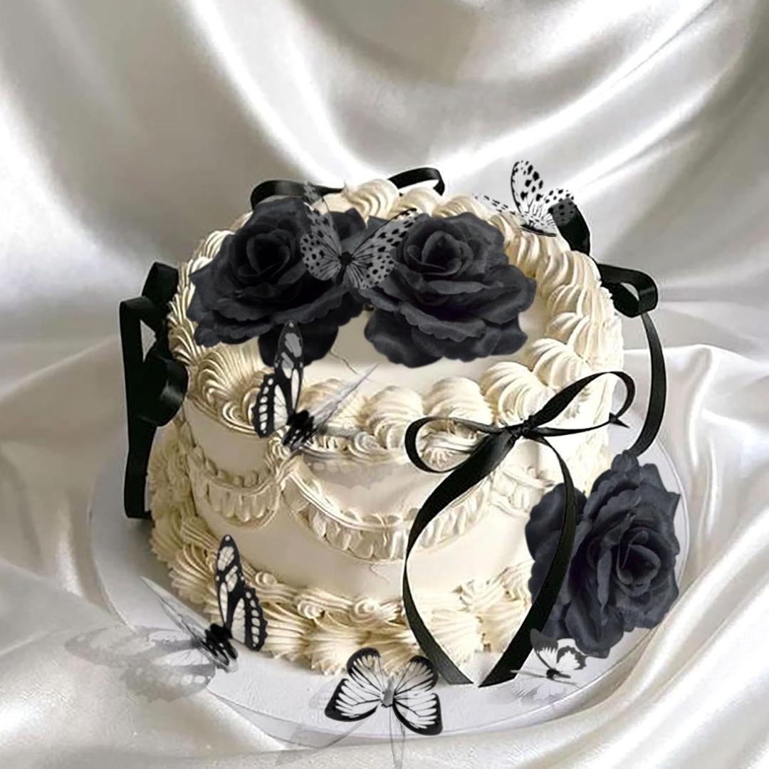 Gothic Cake Decorations Bows Butterfly Black Rose Cake Topper Butterfly Coquette Cake Toppers for Goth Birthday Party Supplies