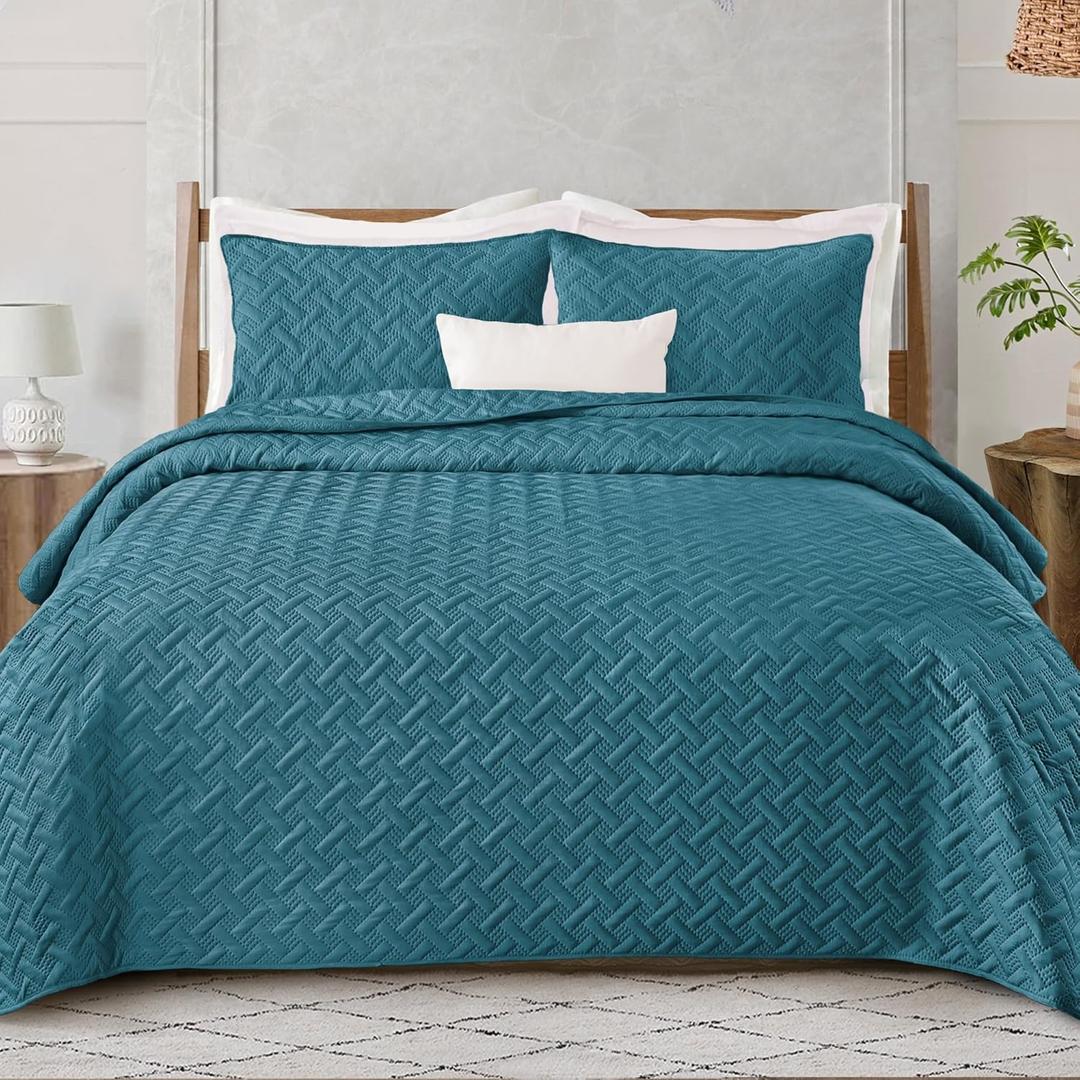 Exclusivo Mezcla Soft Quilt Set King Size, 3 Pieces Lightweight Quilts Teal Bedspreads Coverlets Bedding Set for All Seasons, Weave Pattern (King (106"x96"))