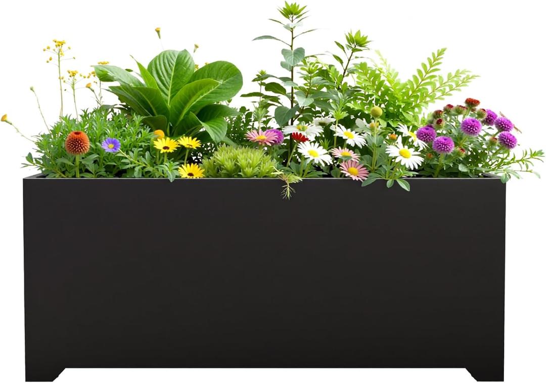 Gabviem Metal Planter Box 36" L x 15" W x 15" H, Rectangular Trough Planter Box with 6 Drainage Holes & Raised Bottom, All-Weather Garden Planter Box for Outdoor Patio/ Porch, Lawn, Black