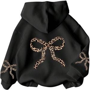 RoseSeek Girl's Bow Cheetah Leopard Hoodies Long Sleeve Pullover Tops Preppy Cute Sweatshirts Hoodies, 16Y