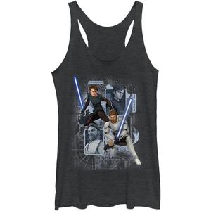 STAR WARS Girls Clone Wars Schematic Shot Tri-Blend Racerback Layering Tank (Small, Black Heather)