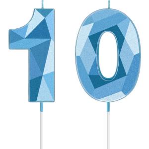 Nuanchu 10th Birthday Candles 3D Diamond Shape Number Candles Numeral Birthday Cake Topper Cake Candles for Family Baking Theme Party Decoration Cake Decorating Supplies (Blue)