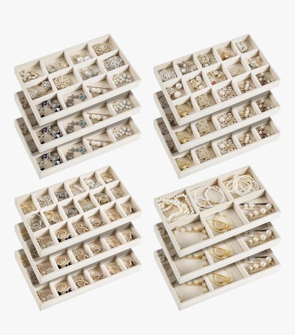 Junkin 12 Pcs Jewelry Tray Velvet Stackable Jewelry Organizer Trays Divided Earring Accessories Storage Containers Box