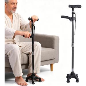 Lightweight Carbon Fiber Walking Cane with Dual Handle & LED Flashlight, 4-Leg Stable Quad Cane Adjustable Height Mobility Aid for Seniors, LED Light Batteries Not Included