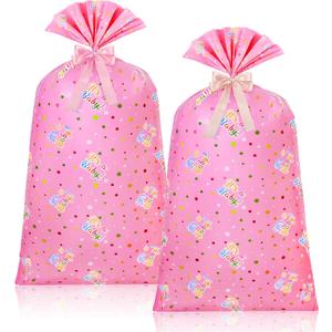 Teling 2 Pcs 70"x 40" Extra Large Jumbo Gift Bag for Wrapping Giant Gifts, Big Plastic Present Bag with 2 Rolls Ribbons for Birthday Party(Pink Style)