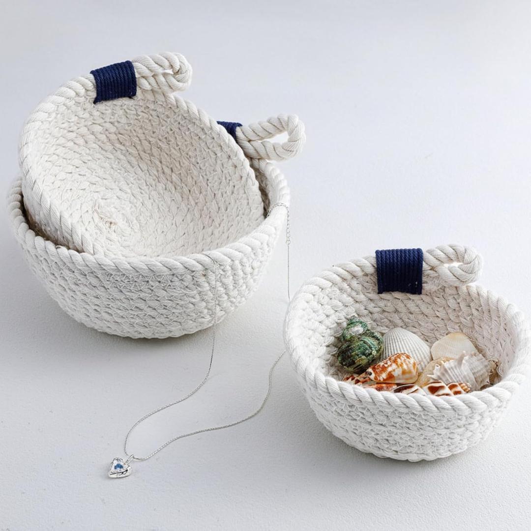 3 Pcs Coastal Centerpiece Woven Baskets Small Seashell Baskets 5 in, 5.5 in, 6 in, Rope Gift Bowls Decorative Trays for Beach Decor for Beach Weddings Home Bathroom Nursery Living Room Decor