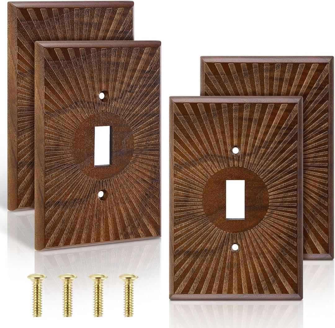 4 Pcs Walnut Wood Light Switch Cover Brown Outlet Covers Wall Plate Decorative Boho Plug Plate Vintage Rustic Contemporary Interior Room Home Decor (13 * 8.2cm,Single Toggle)