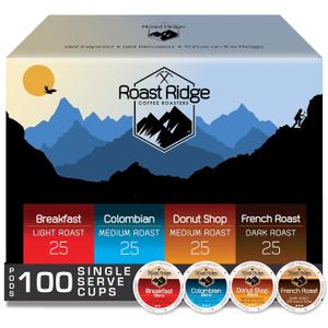 Roast Ridge Single Serve Coffee Pods for Keurig K-Cup Brewers, Variety Pack, Light Roast, Medium Roast, Dark Roast, 100 Count (25 each: Breakfast Blend, Donut Shop, French Roast, Colombian) (EXP 05/13/28)