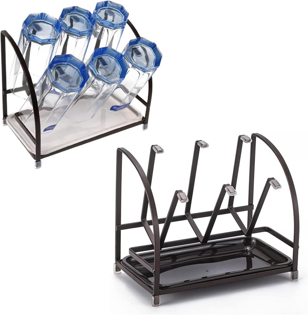 RHBLME 2 Packs Glass Drying Rack, Vertical Bottle Drying Rack Glass Bottle Holder with Drain Tray, Silicone Protective Hooks, Carbon Steel Non Slip Cup Mug Organizer for Glass Coffee Mug Countertop