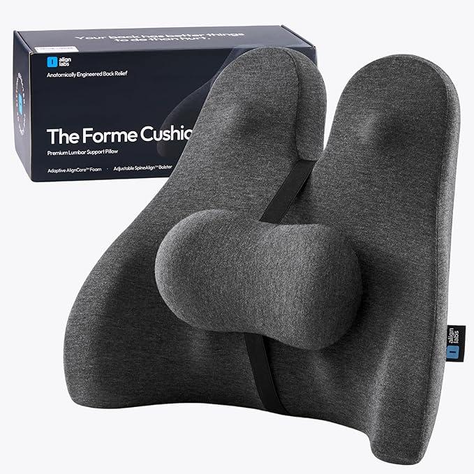 Lumbar Support Pillow for Office Chair - Lower Back Pain Relief Cushion with Adjustable SpineAlign™ Bolster, Memory Foam Pillow for Car, Couch, Gaming Seats - Dual Straps, Dark Grey