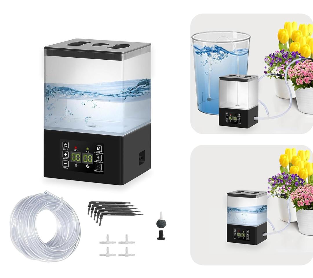 Automatic Watering System for Potted Plants,2 in 1 Automatic Drip Irrigation Kits Indoor 1.3L Tank Plant Watering System for Plants w/Programmable Water Timer,Auto & Manual Watering Mode & LED Display (Black)