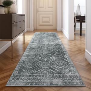 jinchan Hallway Runner Rug 3x8 - Moroccan Kitchen Machine Washable Runner Rug Modern Geometric Soft Faux Wool Ultra-Thin Low-Pile Non-Slip Carpet for Laundry Room Bedroom Farmhouse(3x8ft,Dark Grey)
