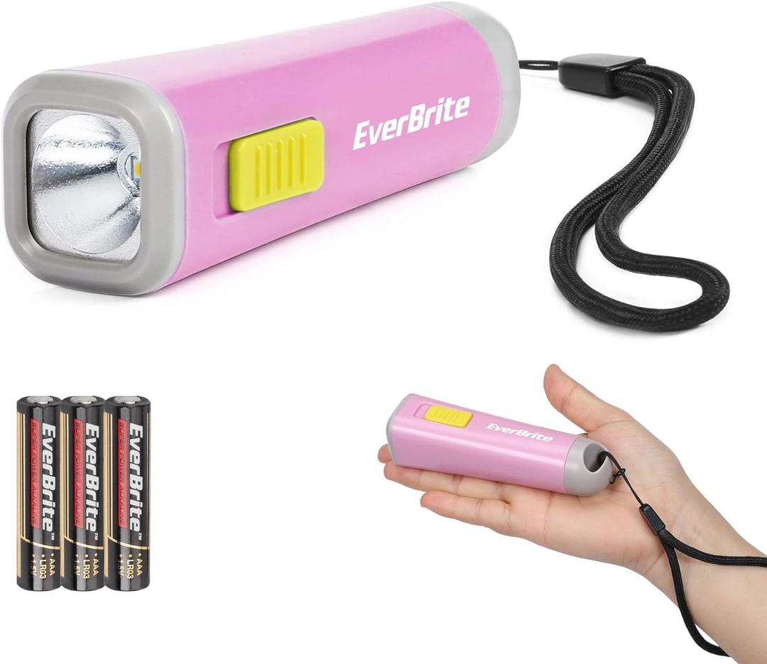 EverBrite Small Flashlight, Mini LED Flashlight, Plastic Torch Use for Emergencies, Camping, Outdoor with Lanyard 3AAA Battery Included, Pink
