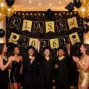 Yancan Graduation Banner Party Decorations, Black and Gold Class of 2026 Grad Garland for College High School Decor