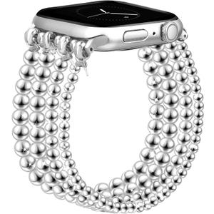 JR.DM Silver Beaded Bracelet Women Compatible with Apple Watch Bands 40mm 42mm 41mm 44mm 38mm 45mm 46mm Dressy Cute Fashion Stretchy Jewelry Strap Replacement for iWatch Series 10/9/8/7/6/5/4/3/2/1/SE