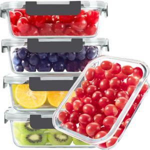 BAYZZ Glass Food Storage Containers, 5 Pack 35 Oz Glass Meal Prep Containers, Lunch Boxes with Airtight BPA-Free Lids, Microwave, Freezer and Dishwasher Safe (Gray)