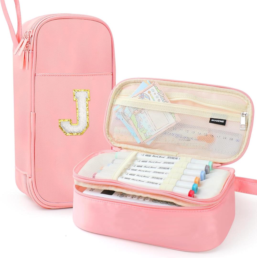 Extra Large Pencil Case,Big Capacity Pencil Pouch,Personalized Initial Pencil Bag with smooth zipper,Multiple Pockets,Cute Aesthetic Stationery Pen Case Bag for Teen Girls College (Pink, J)