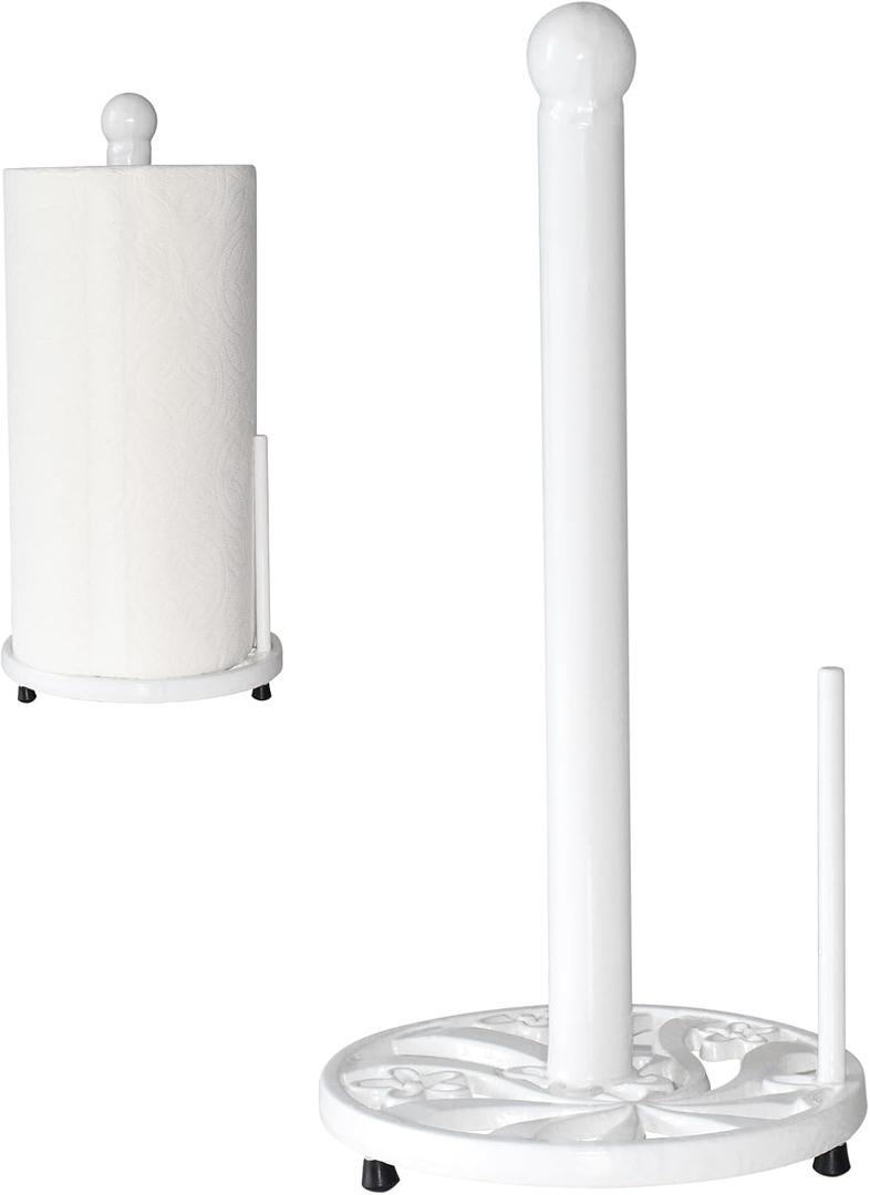 Vintage Paper Towel Holder Countertop - Cast Iron Standing Roll Paper Towel Dispenser with Elegant and Heavy Daffodil Pattern Base for Kitchen Dcor, White
