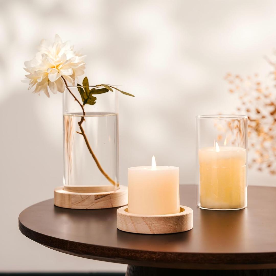 NUPTIO Hurricane Glass Candle Holders: Set of 2 Clear Cylinder Vases with Wooden Plate Base for Pillar Floating Candles Vase for Wedding Centerpiece Coffee Table Decor