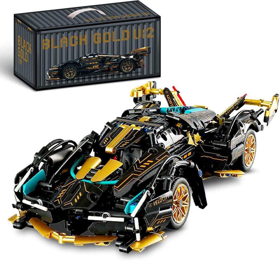 Nueris 1:14 V12 Technic Super Sports Cars Model Sets - 1314 PCS Black Gold MOC Building Block Car Raceing Engineering Toys - Gift Idea for Adults Boys Girls for Play and Display Collection