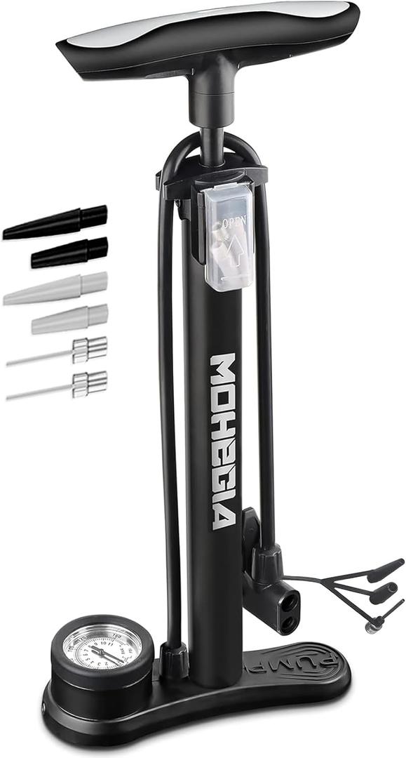 MOHEGIA Bike Floor Pump with Gauge: Air Bicycle Pump with High Pressure 160 PSI, Fits Schrader and Presta Valve - Inflator with Ball Pump Needles for MTB Road Bike, Ball, Balloon, Inflatables (Black)