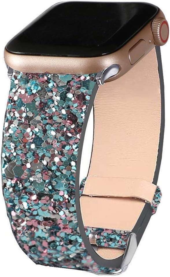 JOHIPI Bling Band Compatible with Apple Watch Bands 38mm 40mm 41mm 42mm 44mm 45mm 46mm 49mm Ultra 3/2/1, Glitter Sparkle Leather Strap For iWatch Band Series 11/10/9/8/7/6/5/4/3/2/1 & SE3 SE2 SE (Blue)
