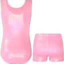 Nymphperi Girls Gymnastics Leotards 2 Piece Shiny Sleeveless Bodysuits with Sparkly Breathable Shorts Suit