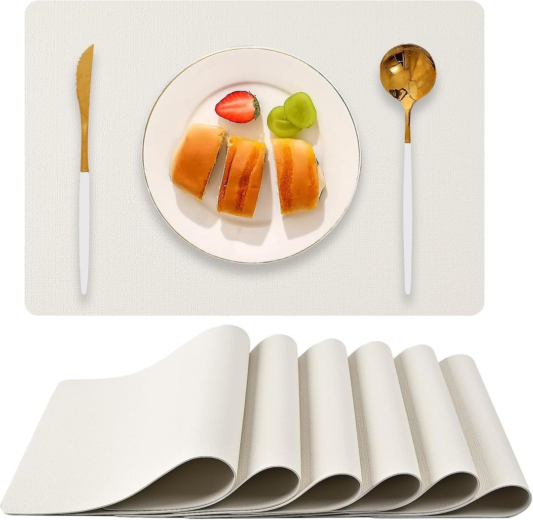 Faux Leather Placemats Set of 6, Heat Resistant Wipeable Washable Vinyl Place Mats, Waterproof Anti-Slip Dining Table Mats, Suitable for Indoor & Outdoor Use (Ivory White)