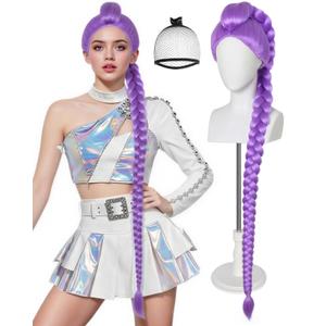 Long Purple Braided Wig for Women Adults Long Purple Wigs with Thick Braided Singers Anime Cosplay Wigs for Stage Halloween Costume Outfit Party + Hair Cap