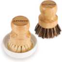 Bamboo Dish Brush with Ceramic Dish, Natural Bristle Palm Brush Pot Scrubber for Cast Iron Pans Vegetables and Kitchen Sink Cleaning - 2 Pack