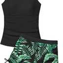 Girls Tankini Swimsuit 2 Piece Bathing Suits for Girls Square Collar Swim Tank Top and Drawstring Bottoms for 15-16Y, Black+Green