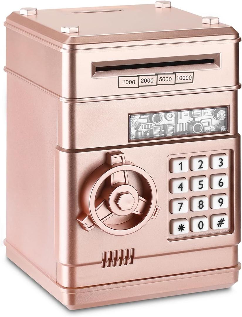 Piggy Bank, Electronic Password Cash Coin Can Auto Scroll Paper Money Saving Box Toy Gift for Kids (Rose Gold)