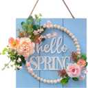 Idyllic Hello Spring Sign Wreath for Front Door, Artificial Flower Wreath with Hello Spring Wooden Sign for Farmhouse Wall Wedding Decor Window Front Porch Decor (Blue)