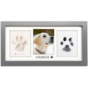 MYPAWLETS Paw Print Frame Kit,Dog/Cat Paw Print Kit,Soft Pawprint Clay&Clean Touch Ink Pad,Pet Paw Print Impression Kit with Customization Tool,Wooden Pet Memorial Frame,DIY Dog Lover Gifts-Grey