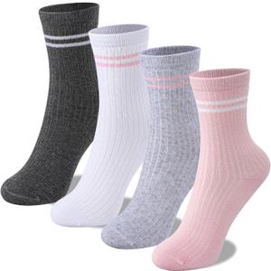 UMELOK Kids Athletic Socks Cotton Crew Socks for Boys and Girls with Stripes and Flower 4 Pairs