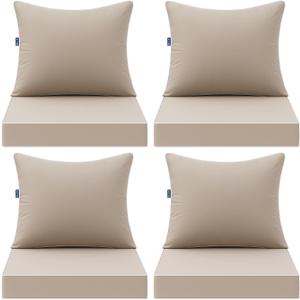 MIULEE Beige Outdoor Seat Cushion 22x22 Inch Set of 4 Waterproof & 3 Year Fade Resistant Deep Seat and Back Cushion for Patio Furniture Chair Sofa Couch with Handle and Adjustable Straps