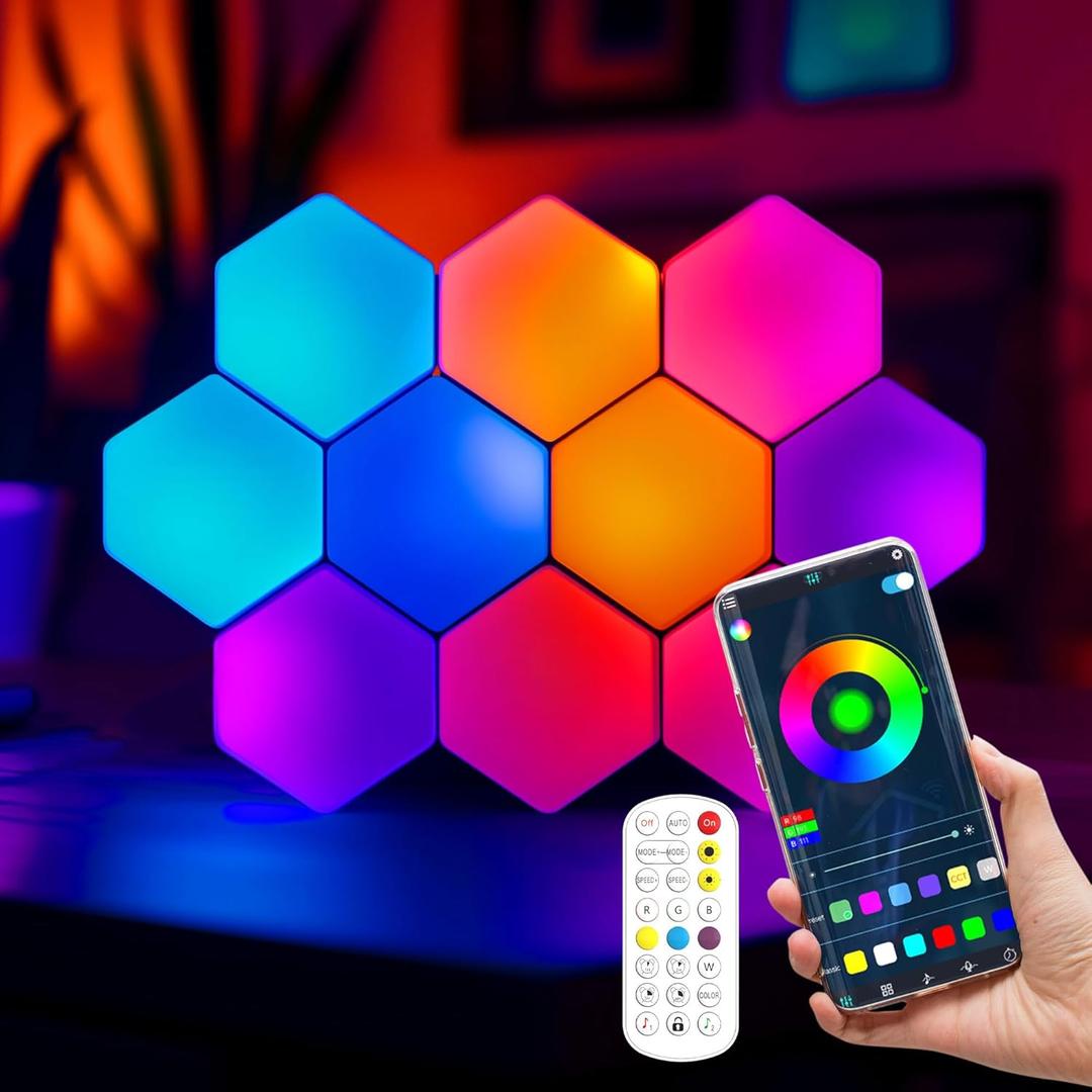 10Pcs RGB Hexagon Light Panels LED Wall Lights, Smart Modular Gaming Lights Creative Wall Lights with APP, Cool DIY Honeycomb Shape Panels Hexagon Lights with Music Sync for Indoor Decor