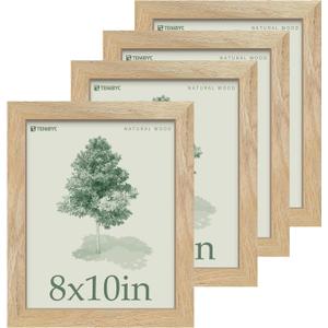 8x10 Picture Frame 4 Pack, Textured Natural Wood, HD Tempered Glass, Gallery Photo Frame, Table or Wall Display