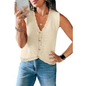 Saodimallsu Womens Sleeveless V Neck Sweater Vest Cropped Button Down Casual Loose Knit Summer Going Out Tops (Medium, Beige)