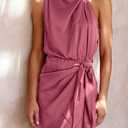 PRETTYGARDEN Women's Short Formal Satin Dress Summer Sleeveless Mock Neck Tie Waist Cocktail Party Dresses (Pink, L)
