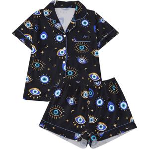 FUVYKOL Women's 2 Piece Evil Eyes Print Pajama Sets Sleepwear Short Sleeve Nightwear Soft Pjs Lounge Sets XL Black