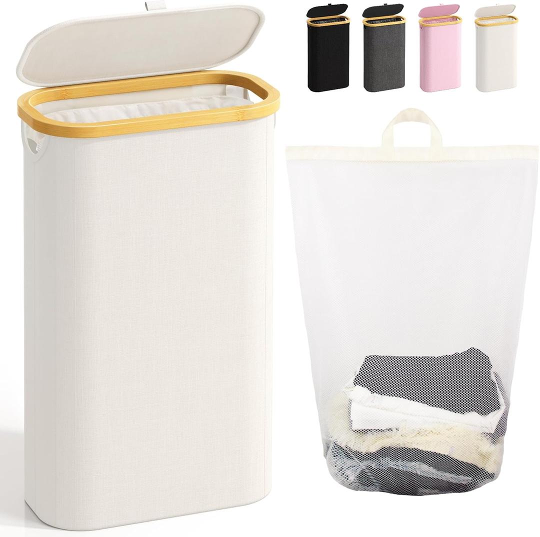 75L Slim Laundry Hamper with Lid, Dirty Clothes Hampers for Laundry, Collapsible Laundry Baskets for Small Spaces, Bedroom, Bathroom, Laundry Room, Beige